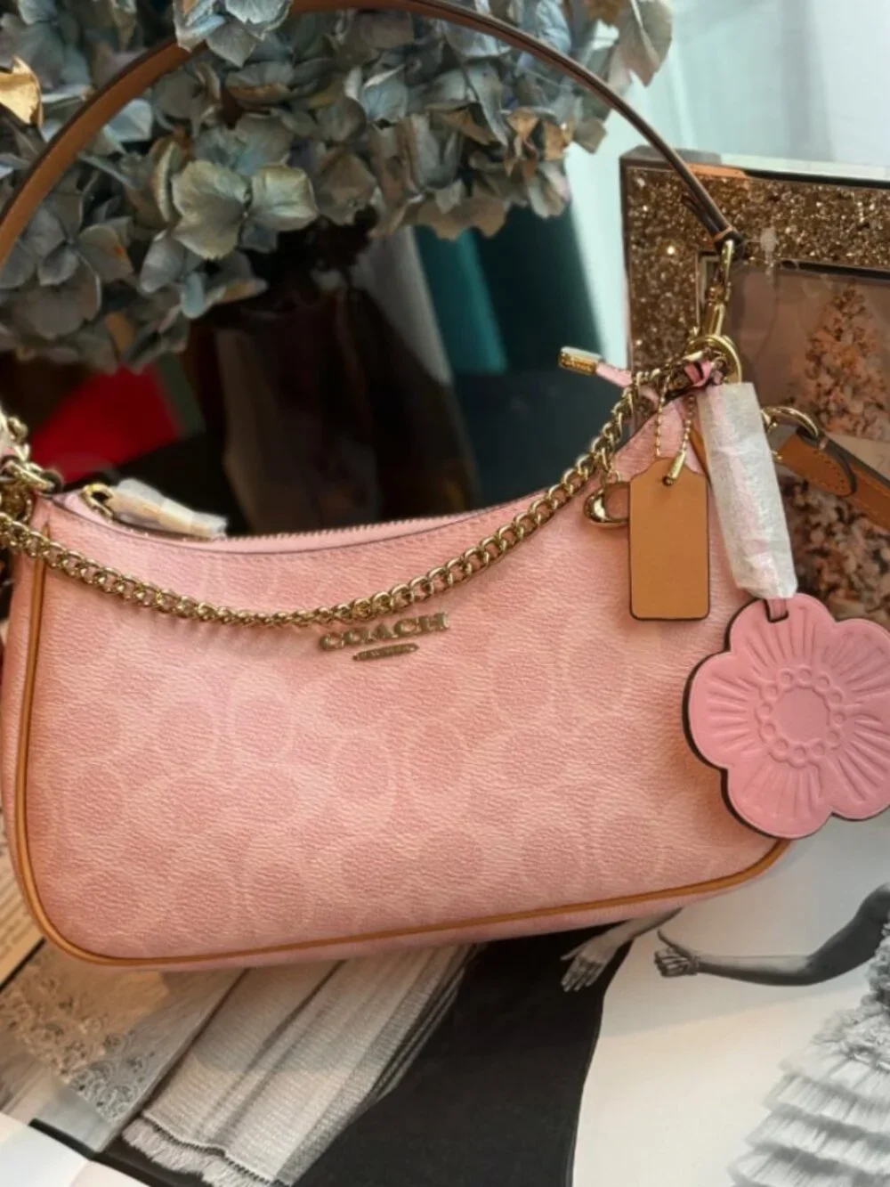 Coach Teri Shoulder Bag Signature Canvas With Charms Gold/Powder Pink CEA20
